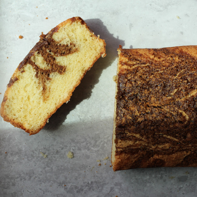 Divided coffee swirl cake.