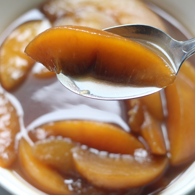 Monday caramelized peaches n’ rum sauce.
